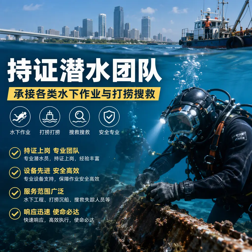 持证潜水团队，承接各类水下作业与打捞搜救泰兴